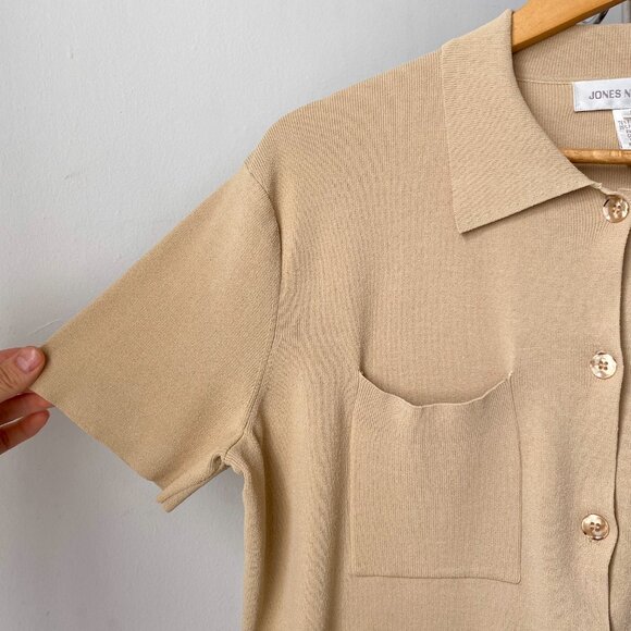 ☀️ Large Y2K Tan Short-Sleeve Boxy Fit Heavy Knit Safari-Collared Top Jones New - Picture 2 of 5